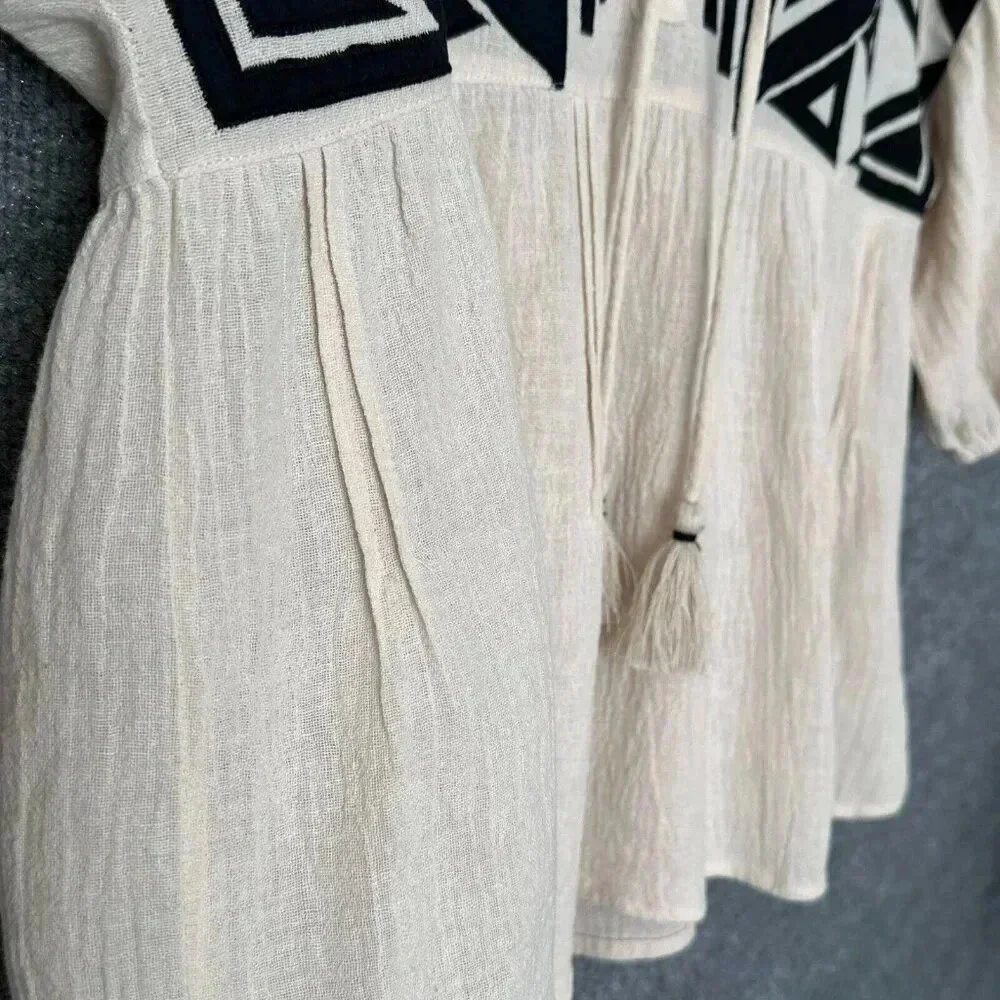 See And Be Seen Top Womens Small Cream Black Gauzy Geometric Peasant Boho Blouse - Picture 10 of 16